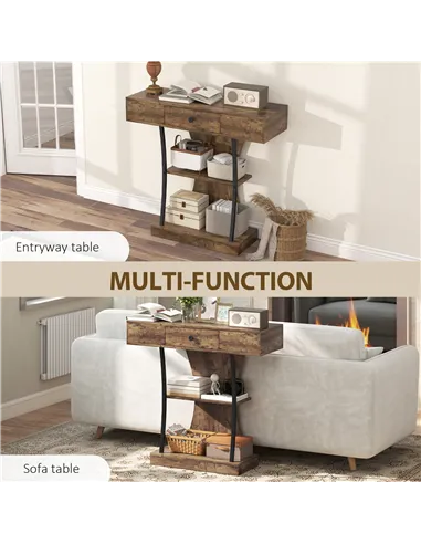 HOMCOM Console Table, 3-Tier Industrial Hallway Table with Drawer, Storage Shelves, 91 x 32 x 87 cm, Rustic Brown