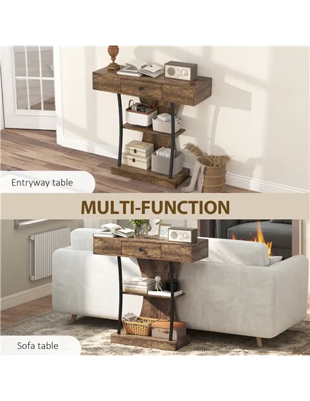 HOMCOM Console Table, 3-Tier Industrial Hallway Table with Drawer, Storage Shelves, 91 x 32 x 87 cm, Rustic Brown