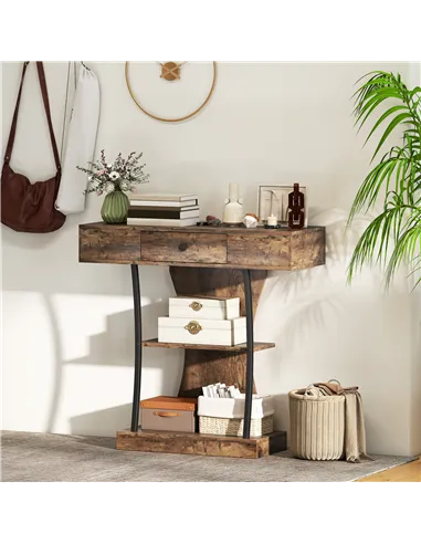 HOMCOM Console Table, 3-Tier Industrial Hallway Table with Drawer, Storage Shelves, 91 x 32 x 87 cm, Rustic Brown