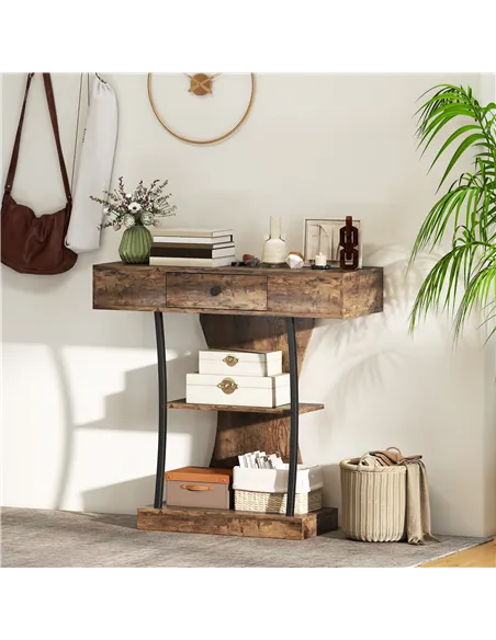 HOMCOM Console Table, 3-Tier Industrial Hallway Table with Drawer, Storage Shelves, 91 x 32 x 87 cm, Rustic Brown