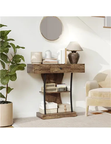 HOMCOM Console Table, 3-Tier Industrial Hallway Table with Drawer, Storage Shelves, 91 x 32 x 87 cm, Rustic Brown