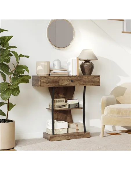 HOMCOM Console Table, 3-Tier Industrial Hallway Table with Drawer, Storage Shelves, 91 x 32 x 87 cm, Rustic Brown