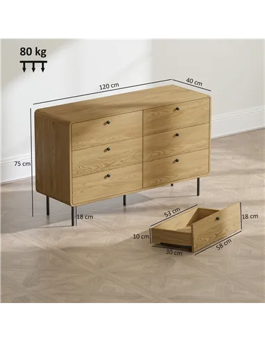 HOMCOM Chest of Drawers, 6 Drawer Dresser - Oak