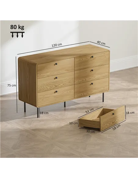 HOMCOM Chest of Drawers, 6 Drawer Dresser - Oak