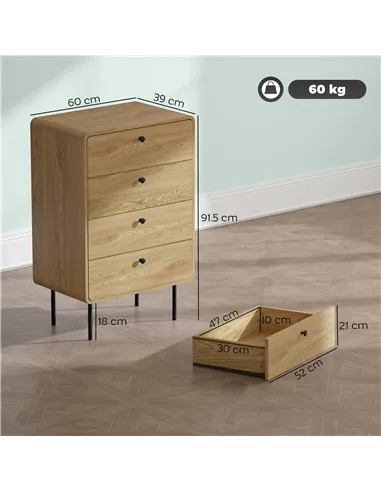 HOMCOM Modern Chest of Drawers with 4 Drawers - Oak