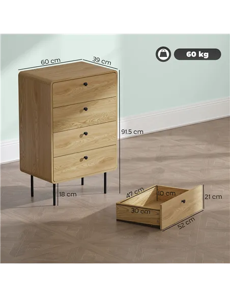 HOMCOM Modern Chest of Drawers with 4 Drawers - Oak