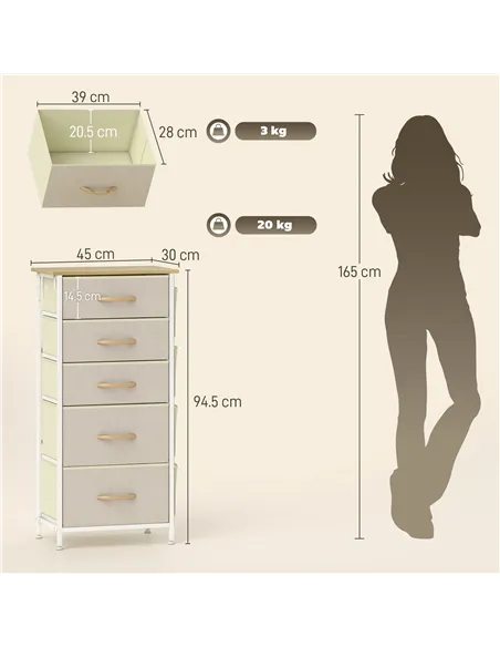 HOMCOM Chest of Five Fabric Drawers - Beige