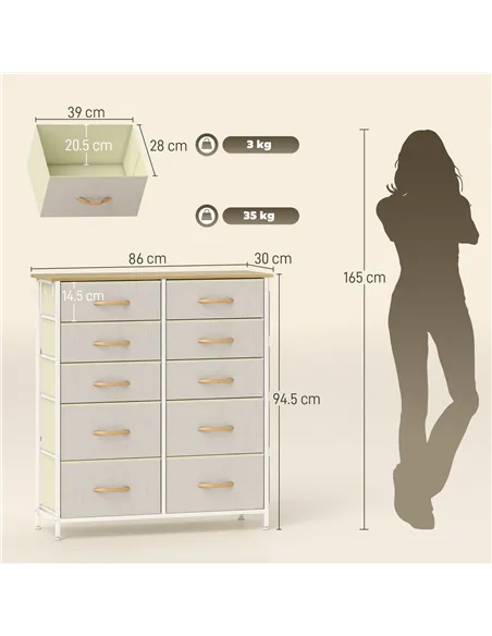 HOMCOM Chest of Ten Fabric Drawers - Beige