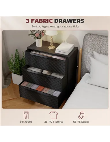 HOMCOM Chest of Drawers, Dresser with 3 Fabric Drawers and Aluminium Handles - Black