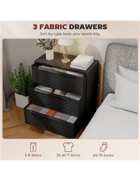 HOMCOM Chest of Drawers, Dresser with 3 Fabric Drawers and Aluminium Handles - Black