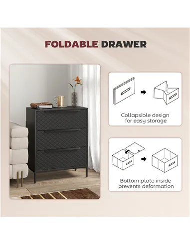 HOMCOM Chest of Drawers, Dresser with 3 Fabric Drawers and Aluminium Handles - Black