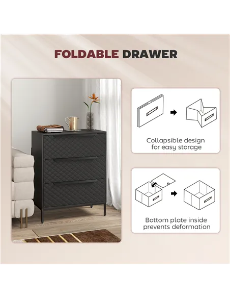 HOMCOM Chest of Drawers, Dresser with 3 Fabric Drawers and Aluminium Handles - Black