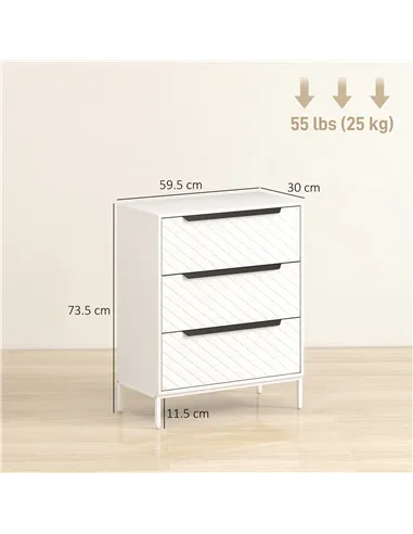 HOMCOM Chest of Drawers, Dresser with 3 Fabric Drawers and Aluminium Handles - White