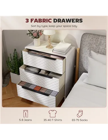 HOMCOM Chest of Drawers, Dresser with 3 Fabric Drawers and Aluminium Handles - White