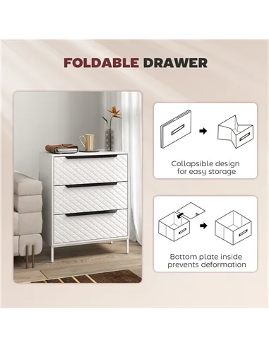 HOMCOM Chest of Drawers, Dresser with 3 Fabric Drawers and Aluminium Handles - White
