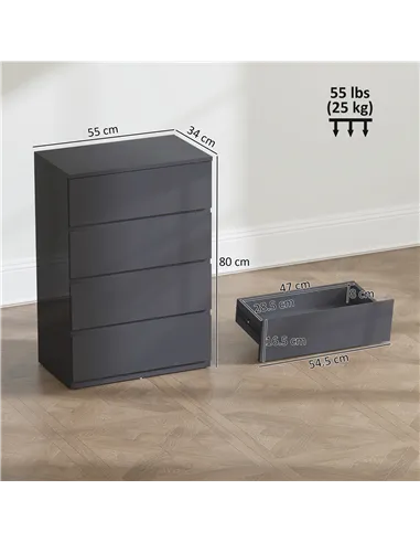 HOMCOM High Gloss Chest of Drawers, 4-Drawer Storage Cabinets, Modern Dresser for Bedroom, Grey