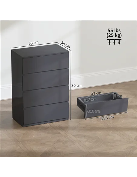 HOMCOM High Gloss Chest of Drawers, 4-Drawer Storage Cabinets, Modern Dresser for Bedroom, Grey