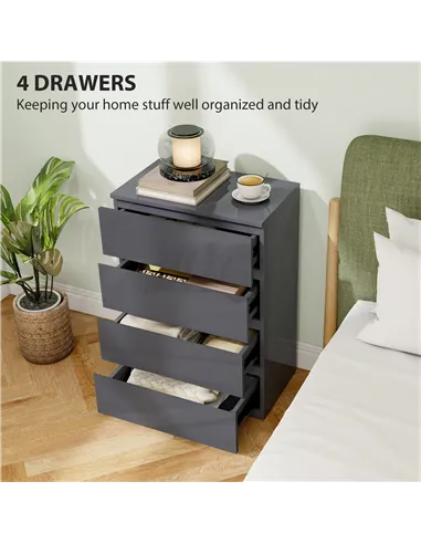 HOMCOM High Gloss Chest of Drawers, 4-Drawer Storage Cabinets, Modern Dresser for Bedroom, Grey