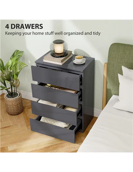 HOMCOM High Gloss Chest of Drawers, 4-Drawer Storage Cabinets, Modern Dresser for Bedroom, Grey