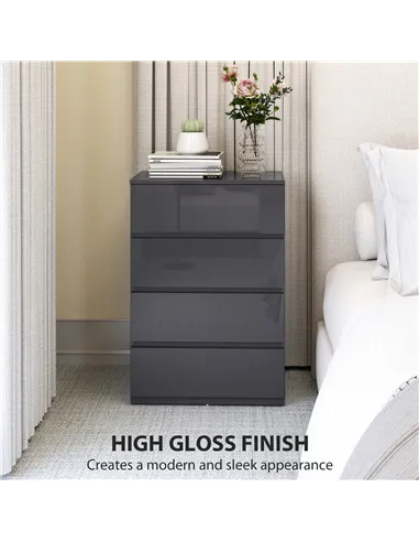 HOMCOM High Gloss Chest of Drawers, 4-Drawer Storage Cabinets, Modern Dresser for Bedroom, Grey