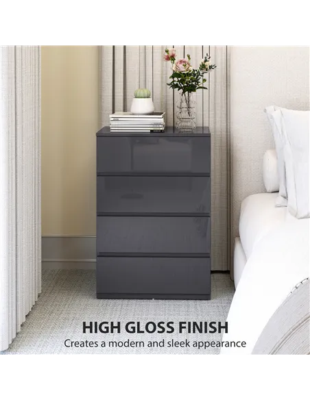 HOMCOM High Gloss Chest of Drawers, 4-Drawer Storage Cabinets, Modern Dresser for Bedroom, Grey