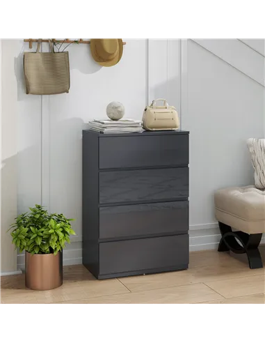 HOMCOM High Gloss Chest of Drawers, 4-Drawer Storage Cabinets, Modern Dresser for Bedroom, Grey