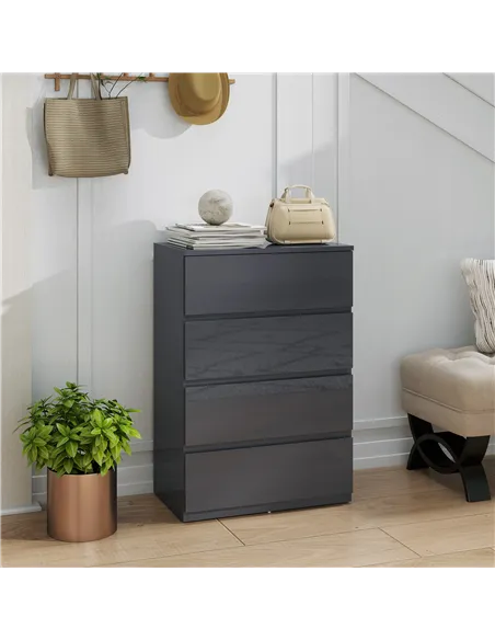 HOMCOM High Gloss Chest of Drawers, 4-Drawer Storage Cabinets, Modern Dresser for Bedroom, Grey