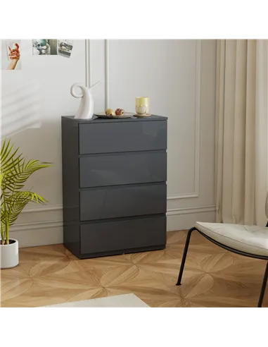 HOMCOM High Gloss Chest of Drawers, 4-Drawer Storage Cabinets, Modern Dresser for Bedroom, Grey