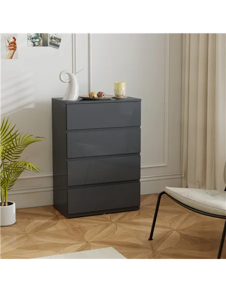 HOMCOM High Gloss Chest of Drawers, 4-Drawer Storage Cabinets, Modern Dresser for Bedroom, Grey