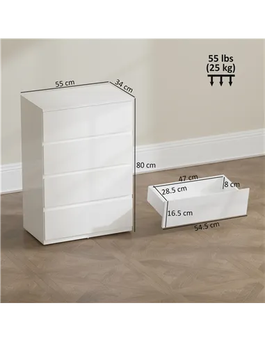 HOMCOM High Gloss Chest of Drawers, 4-Drawer Storage Cabinets, Modern Dresser for Bedroom, White