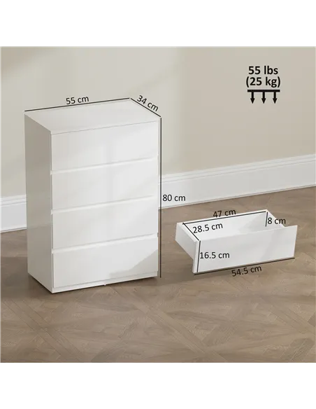 HOMCOM High Gloss Chest of Drawers, 4-Drawer Storage Cabinets, Modern Dresser for Bedroom, White