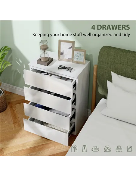 HOMCOM High Gloss Chest of Drawers, 4-Drawer Storage Cabinets, Modern Dresser for Bedroom, White