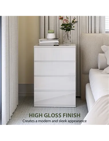 HOMCOM High Gloss Chest of Drawers, 4-Drawer Storage Cabinets, Modern Dresser for Bedroom, White