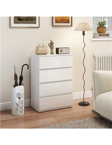 HOMCOM High Gloss Chest of Drawers, 4-Drawer Storage Cabinets, Modern Dresser for Bedroom, White