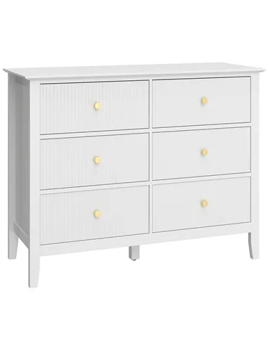 HOMCOM Fluted Dresser, 6 Drawer Chest of Drawers for Bedroom, Living Room, Hallway, Closet, White
