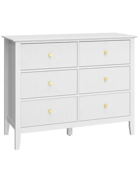 HOMCOM Fluted Dresser, 6 Drawer Chest of Drawers for Bedroom, Living Room, Hallway, Closet, White