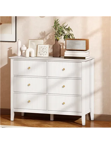 HOMCOM Fluted Dresser, 6 Drawer Chest of Drawers for Bedroom, Living Room, Hallway, Closet, White