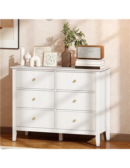 HOMCOM Fluted Dresser, 6 Drawer Chest of Drawers for Bedroom, Living Room, Hallway, Closet, White