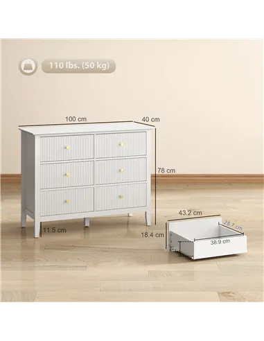 HOMCOM Fluted Dresser, 6 Drawer Chest of Drawers for Bedroom, Living Room, Hallway, Closet, White