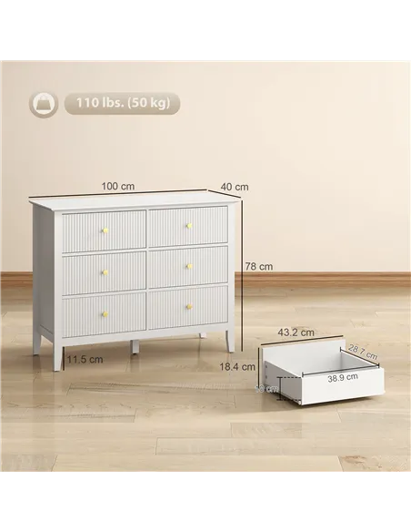 HOMCOM Fluted Dresser, 6 Drawer Chest of Drawers for Bedroom, Living Room, Hallway, Closet, White