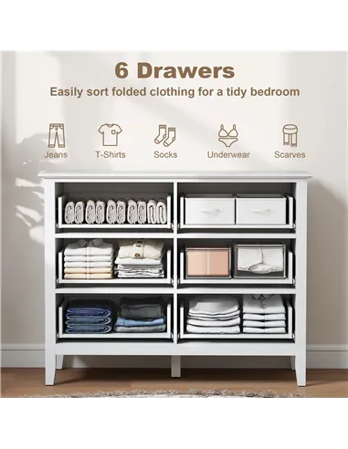 HOMCOM Fluted Dresser, 6 Drawer Chest of Drawers for Bedroom, Living Room, Hallway, Closet, White