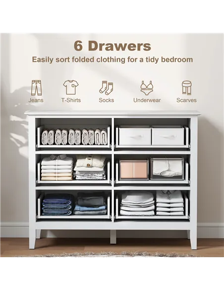 HOMCOM Fluted Dresser, 6 Drawer Chest of Drawers for Bedroom, Living Room, Hallway, Closet, White