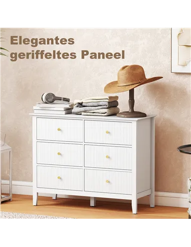 HOMCOM Fluted Dresser, 6 Drawer Chest of Drawers for Bedroom, Living Room, Hallway, Closet, White