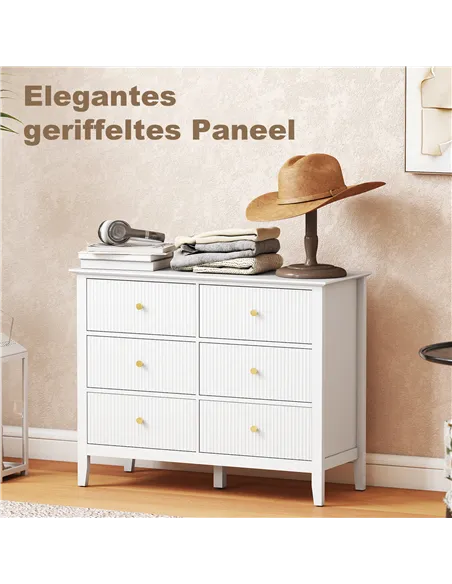 HOMCOM Fluted Dresser, 6 Drawer Chest of Drawers for Bedroom, Living Room, Hallway, Closet, White