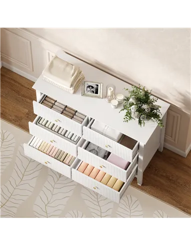 HOMCOM Fluted Dresser, 6 Drawer Chest of Drawers for Bedroom, Living Room, Hallway, Closet, White