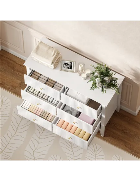 HOMCOM Fluted Dresser, 6 Drawer Chest of Drawers for Bedroom, Living Room, Hallway, Closet, White
