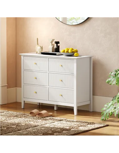 HOMCOM Fluted Dresser, 6 Drawer Chest of Drawers for Bedroom, Living Room, Hallway, Closet, White