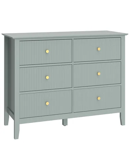 HOMCOM Fluted Dresser, 6 Drawer Chest of Drawers for Bedroom, Living Room, Hallway, Closet, Green