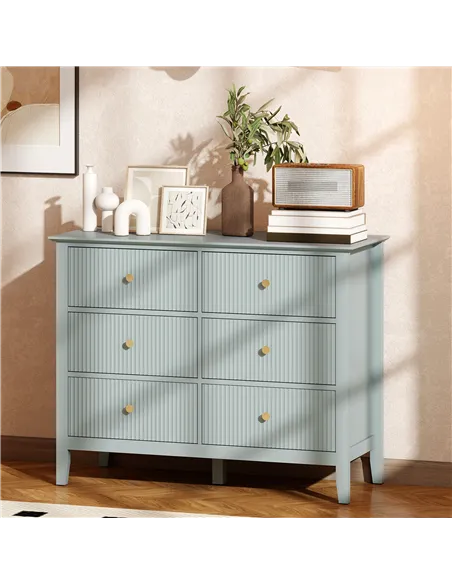 HOMCOM Fluted Dresser, 6 Drawer Chest of Drawers for Bedroom, Living Room, Hallway, Closet, Green