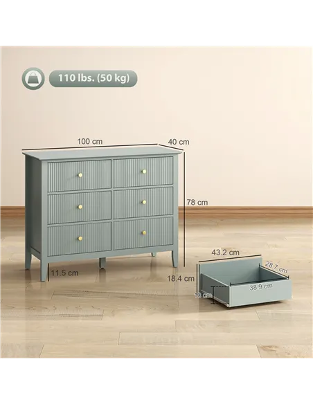 HOMCOM Fluted Dresser, 6 Drawer Chest of Drawers for Bedroom, Living Room, Hallway, Closet, Green